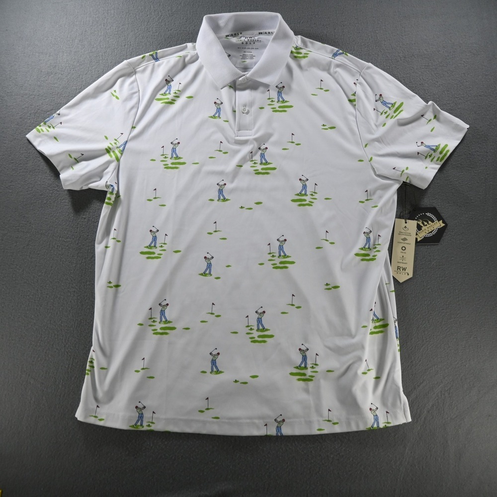 Rorie Whelan Mens Golfer Print Performance Golf Polo Shirt XL White New - Picture 1 of 8